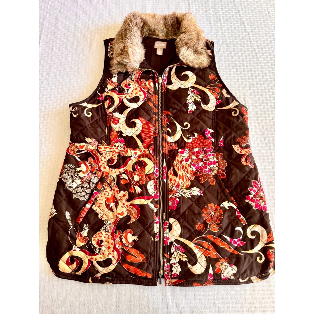 Chicos Floral Quilted Puffer Vest Faux Fur Collar Brown Orange Size 2 Large